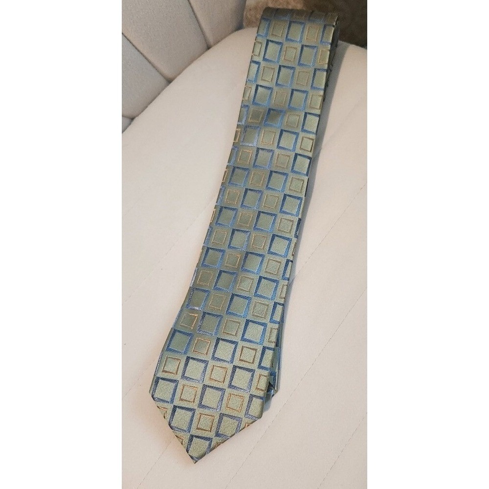 Haines & Bonner of London Silk Tie Geometric Green Blue Handmade 59.5x3.5 Luxury